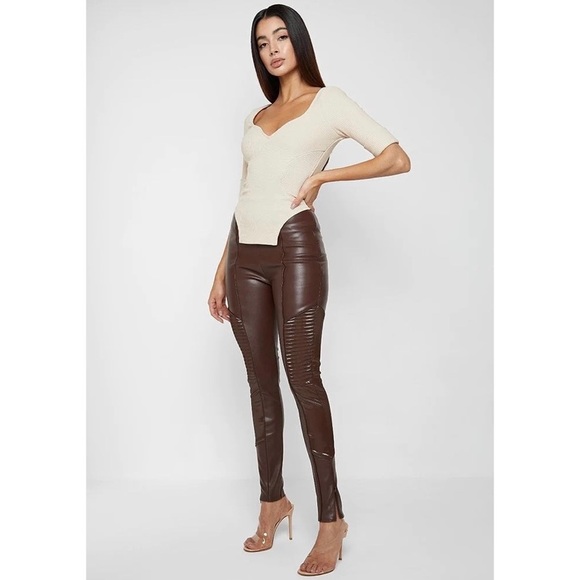 Maniere De Voir Pants - NEW MANIERE DE VOIR VEGAN LEATHER PATENT RIBBED LEGGINGS BROWN